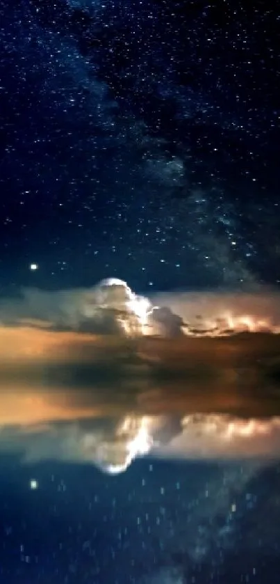 Starry night sky with sailboat reflecting on calm ocean.