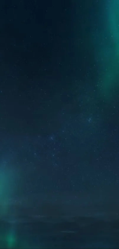 A starry night sky with green auroras over a dark, tranquil landscape.