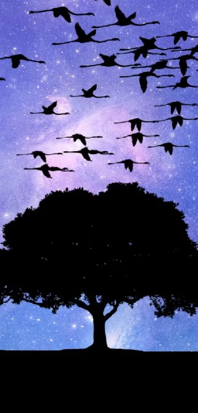 Silhouetted tree with birds against a starry purple sky.