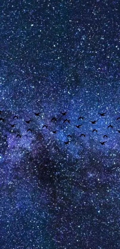 Mobile wallpaper of a starry night sky with birds flying through the stars.