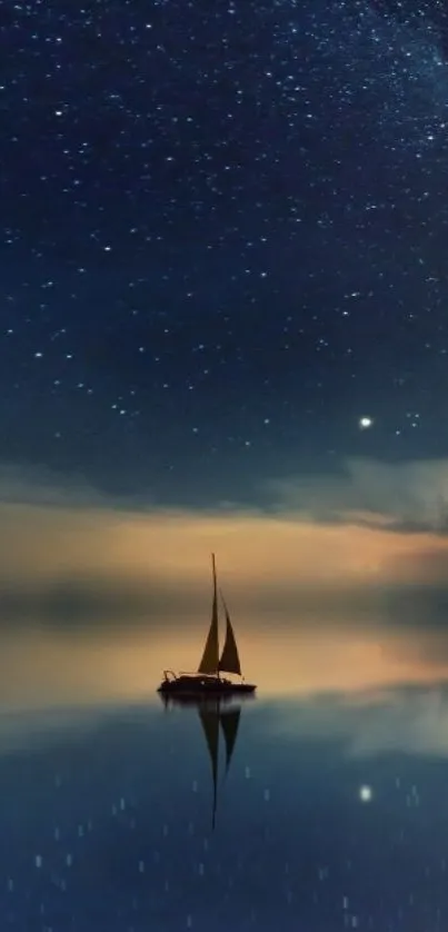 Serene boat on a calm night under a starry sky, reflecting tranquil waters.