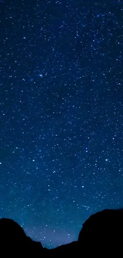 Starry night sky wallpaper with silhouettes and deep blue hues.