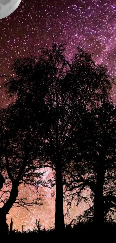 Silhouette of trees against a starry purple night sky with a visible moon.