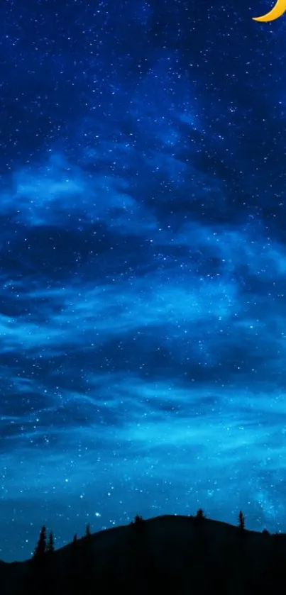 Starry night sky wallpaper with a crescent moon and deep blue hues.