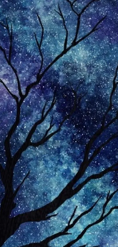 Dark blue sky with stars and tree silhouette wallpaper.