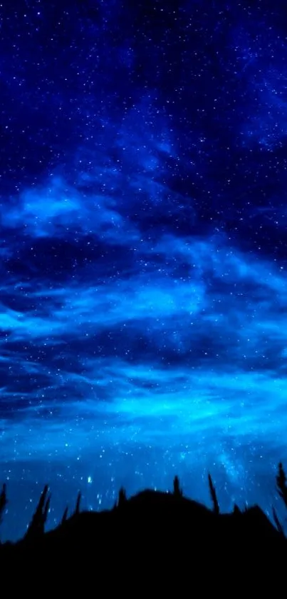 Deep blue starry night sky wallpaper with wispy clouds.