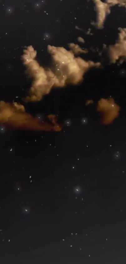 Dark starry night sky with glowing stars and clouds.