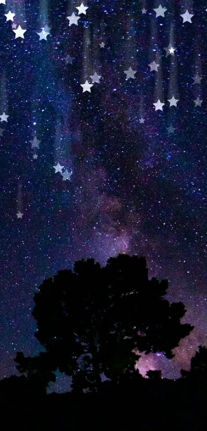 Starry night sky with silhouette trees and galaxy view.