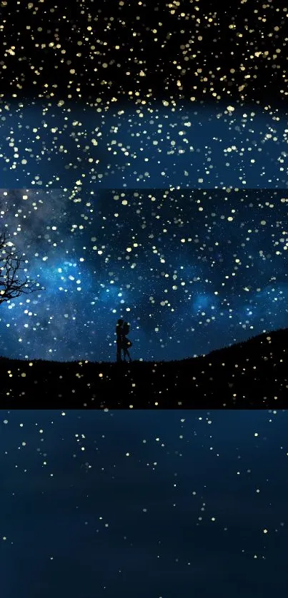 Starry night sky with silhouetted couple and tree on a mobile wallpaper.