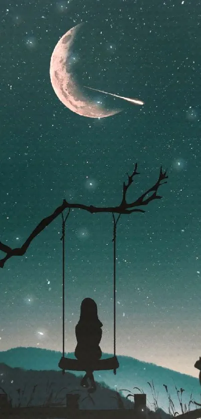 Silhouette on a swing under starry crescent moon and teal night sky.