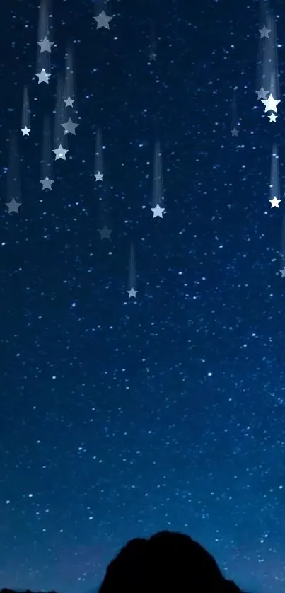 Mobile wallpaper with a starry night sky and shooting stars.