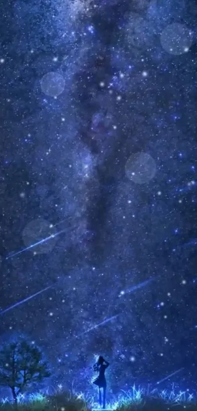 A person gazes at a starry night sky filled with blue galaxies and shooting stars.