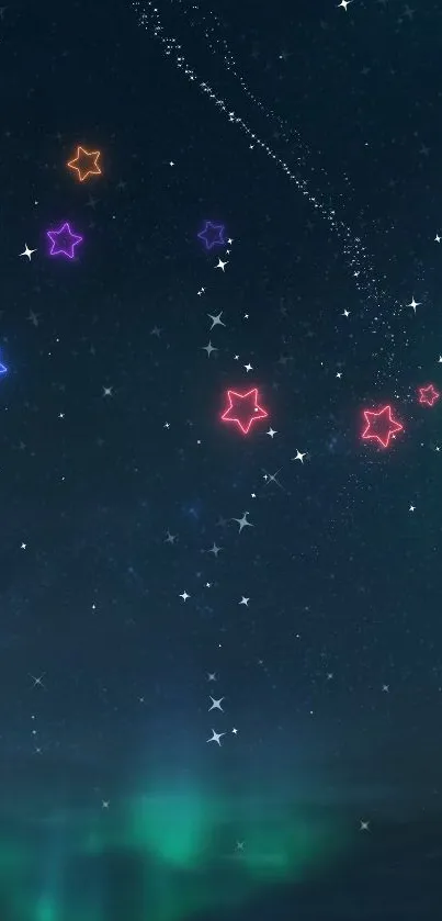 Mobile wallpaper of neon stars on a midnight blue sky background.