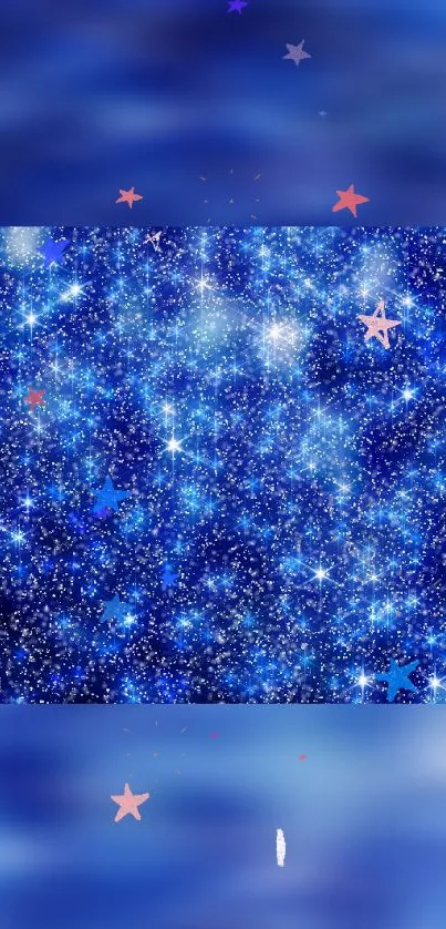 Starry night sky wallpaper with glittering blue stars and pink accents.