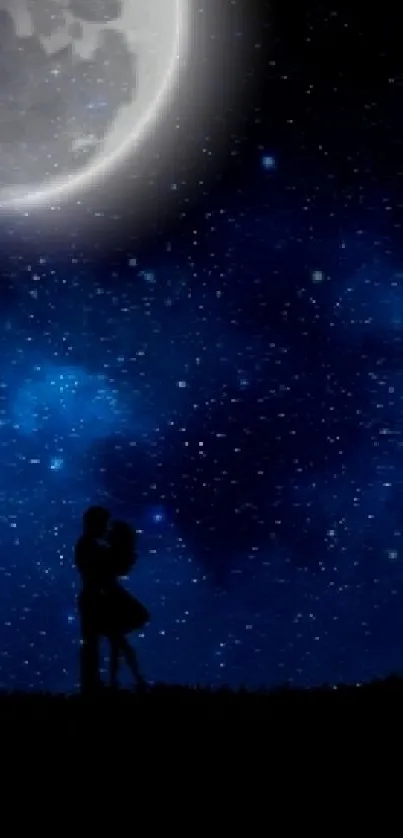 Silhouetted couple under a starry night sky with a glowing moon.