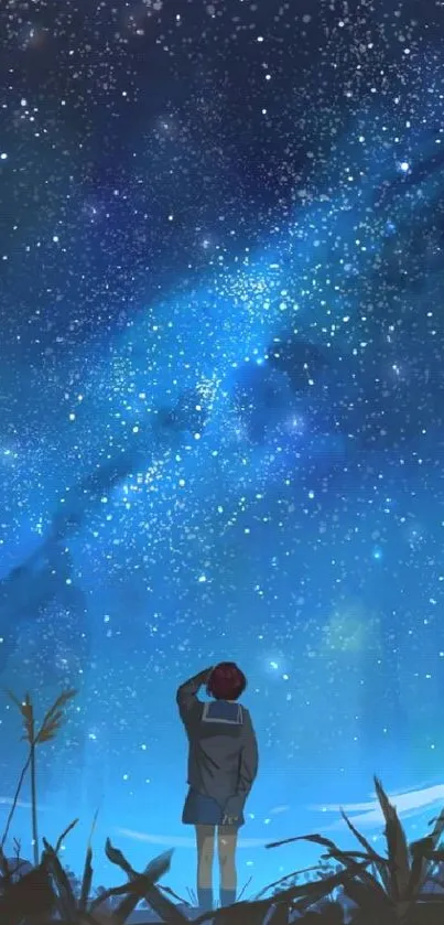 Illustration of a starry night sky with a lone figure under the stars.