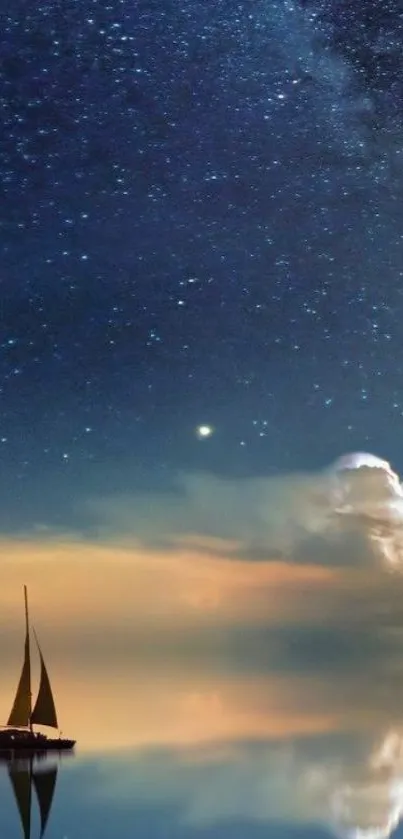 A serene night sky with stars and a calm lake reflecting a boat.