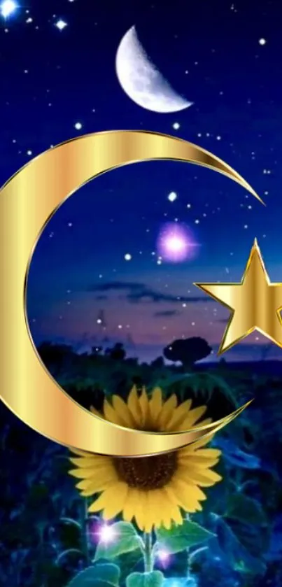 Starry night wallpaper with crescent moon and golden star over a sunflower.