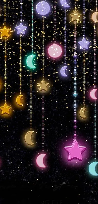 Decorative wallpaper with stars and moons in vibrant colors on a dark night background.