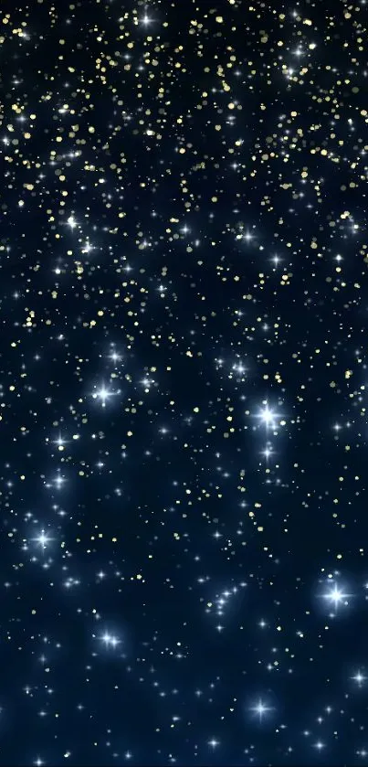 Starry night sky with shimmering stars on a dark blue background.