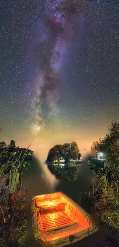 Starry sky over a glowing boat on a tranquil lake.