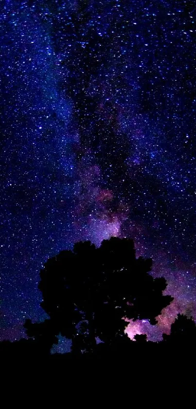 Silhouette tree against a starry galaxy backdrop on a mobile wallpaper.