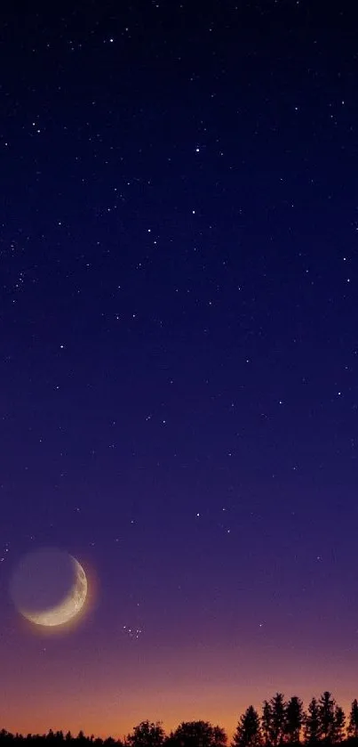 Starry night sky with crescent moon and trees.