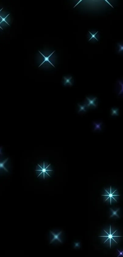 Starry night wallpaper with blue glowing stars on a black background.