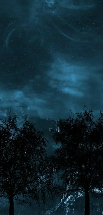 Starry night sky with dark tree silhouettes.