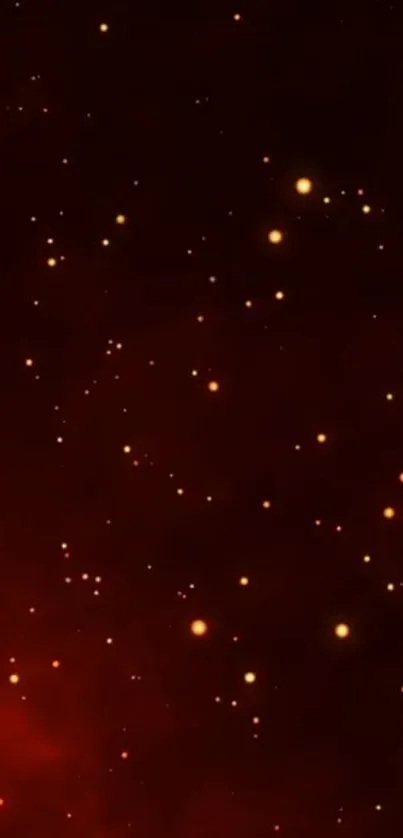 Starry night sky with glowing dots on red background.