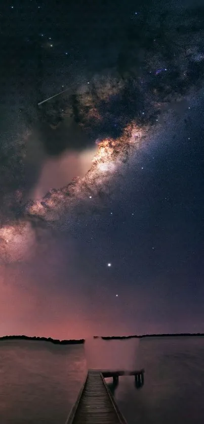 Milky Way and stars over a calm lake at night.