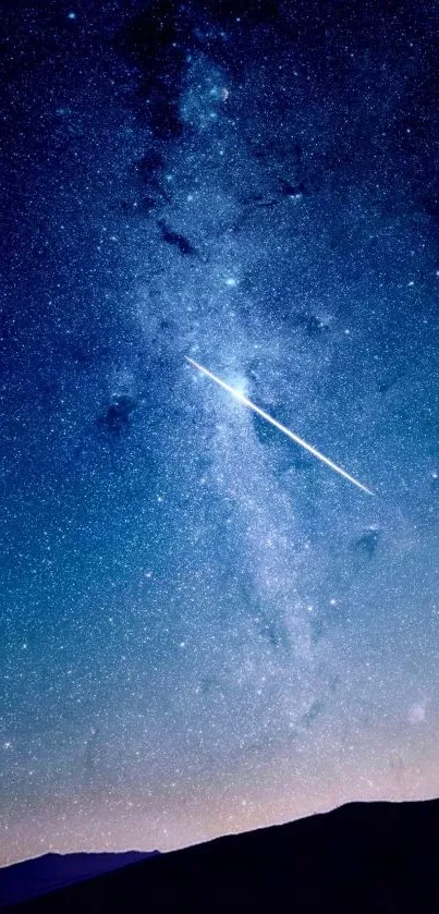 Starry night sky wallpaper with meteor and galaxy.