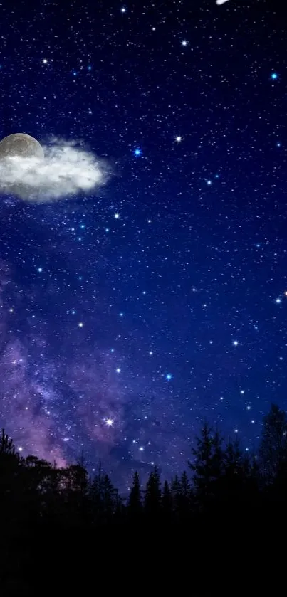 Starry night sky with moon and galaxy for mobile wallpaper.