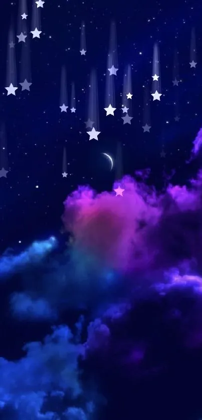 Starry night sky with purple and blue clouds and a crescent moon.