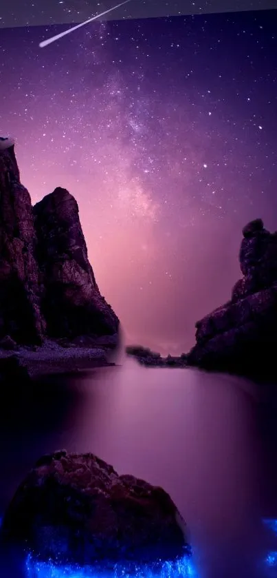 Purple night sky with stars and glowing rock formations.