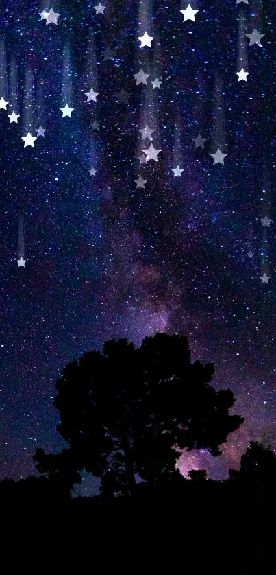 Starry night sky with Milky Way over silhouetted trees.