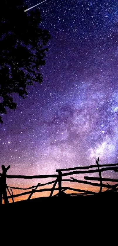 Star-filled night sky with silhouette of tree, swing, and fence.