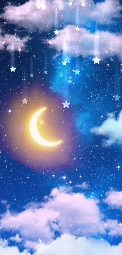 Crescent moon and stars with clouds in a night sky wallpaper.