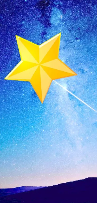 Blue night sky with yellow star wallpaper.