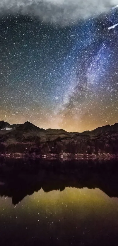 Stunning starry night sky with Milky Way over a reflective lake and mountains.