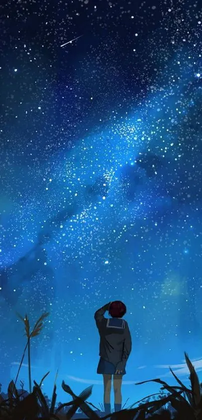 Person gazing at stars in a blue, starry night sky background.