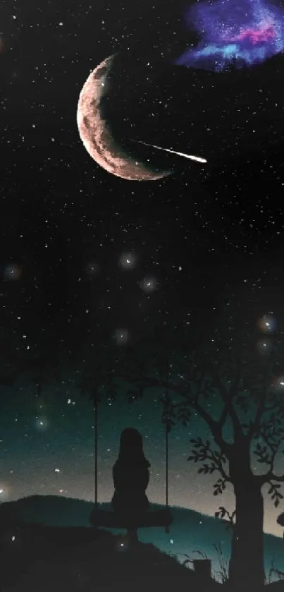 Silhouette of a girl on a swing under a starry night sky.