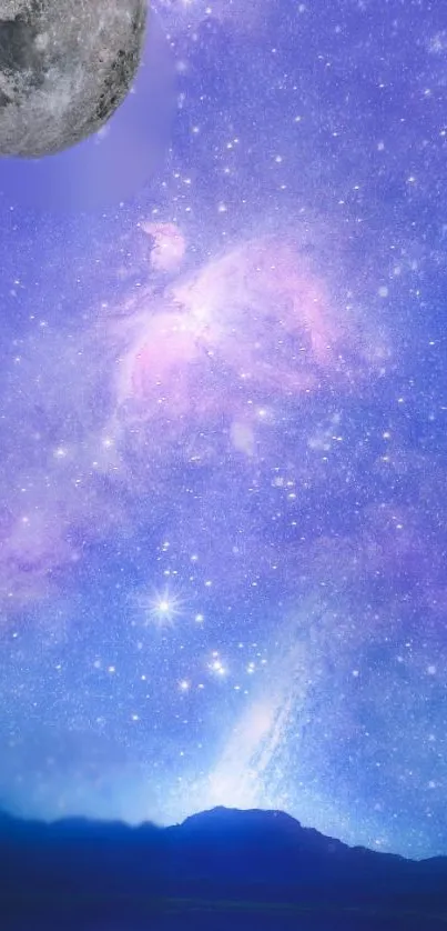 Starry purple night sky with moon and nebulae, perfect for mobile wallpapers.