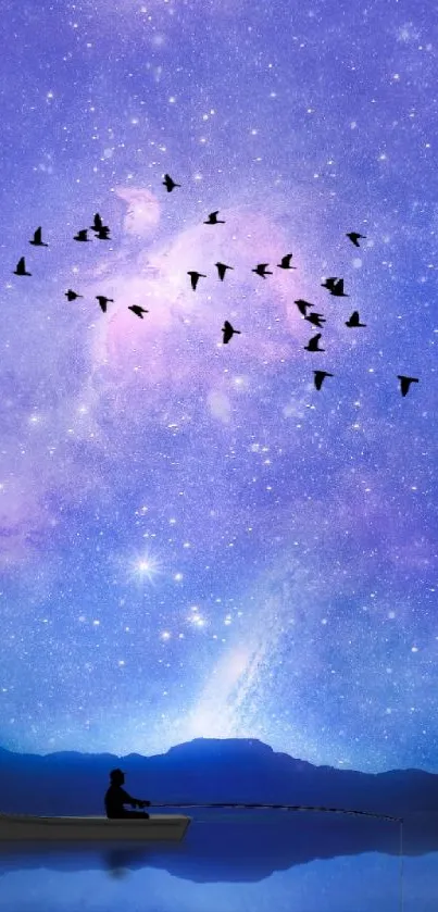 Starry sky with boat and birds wallpaper.