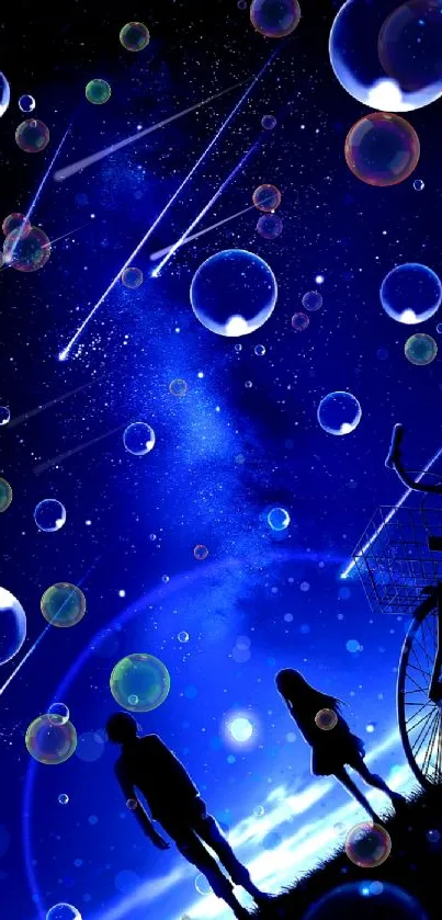 Starry night sky with bubbles and silhouettes on mobile wallpaper.