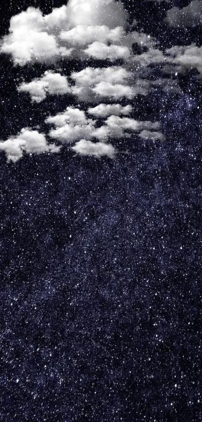 Starry night sky with clouds and dark blue background.