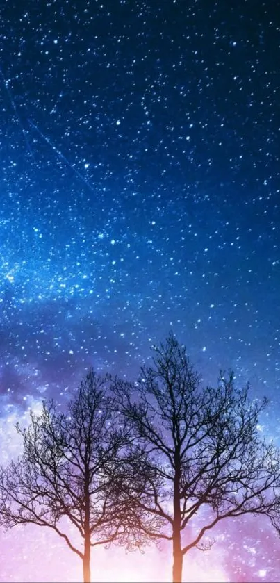 Starry night sky wallpaper with trees.