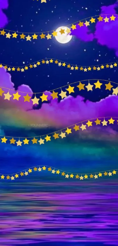 Starry night sky wallpaper with vibrant clouds and golden stars.