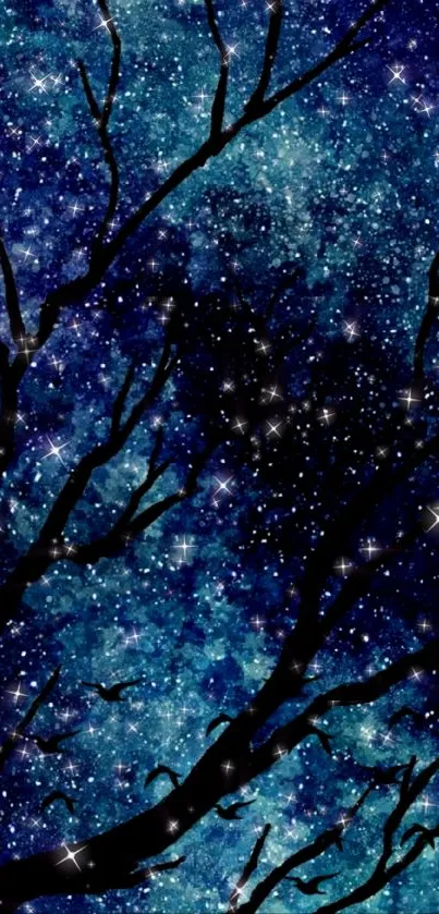 Silhouetted tree against starry night sky backdrop.