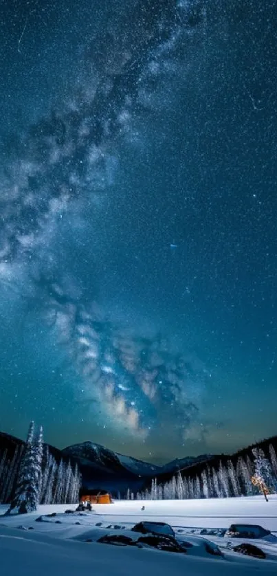 Starry night sky over snowy landscape with distant cabin.